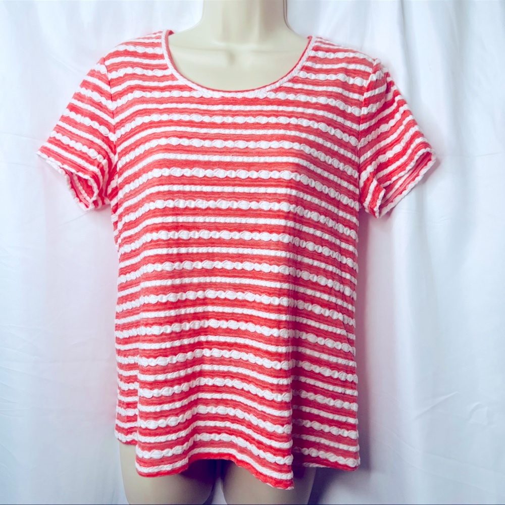 CHICOS Short Sleeve Striped top, White w/coral stripes  Size 1 ( Medium)